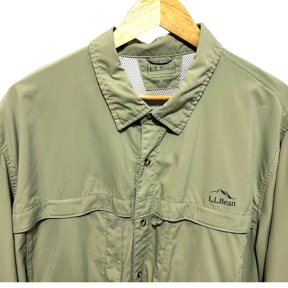 LL Bean Mens Outdoor Button Shirt XXL Green Nylon Utility Hiking Fishing Travel - Picture 10 of 11